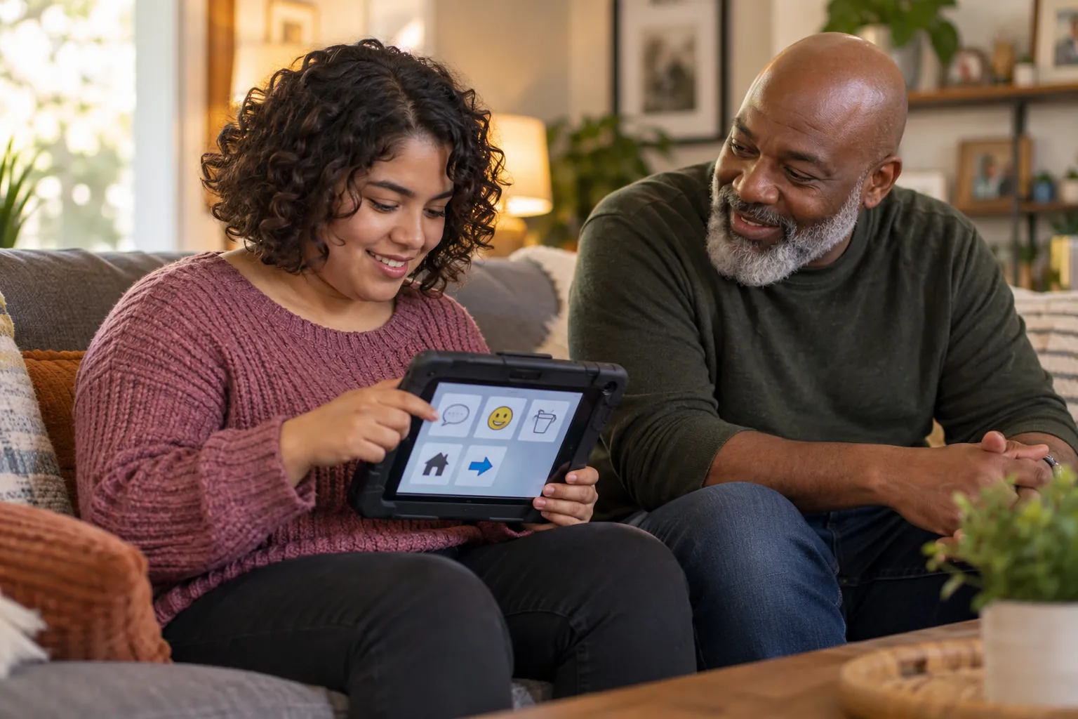A young woman taps picture symbols on a tablet while an older man beside her on the couch smiles at her.