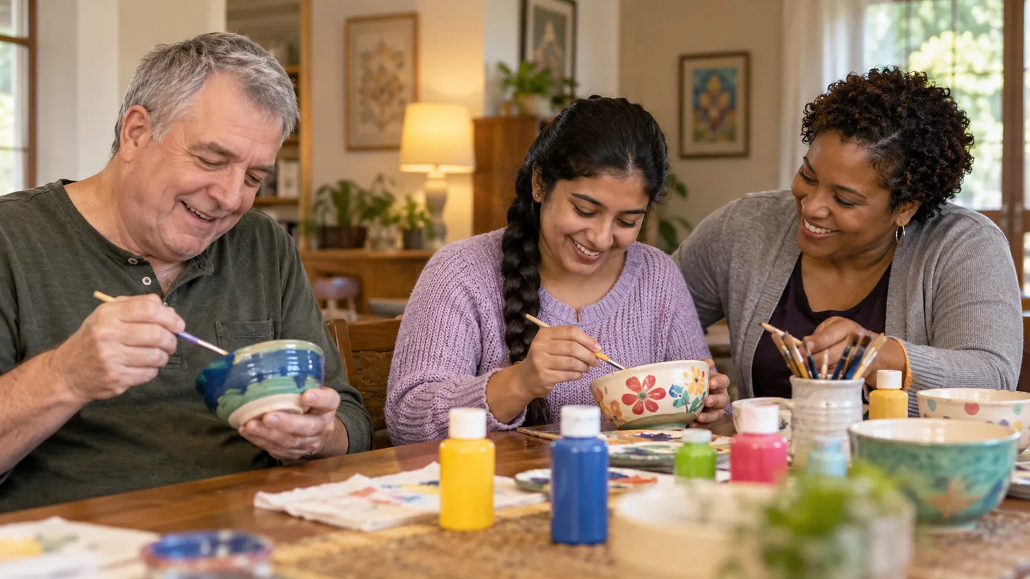 Three adults sit at a wooden table painting ceramic bowls, with bottles of paint and brushes in front of them.